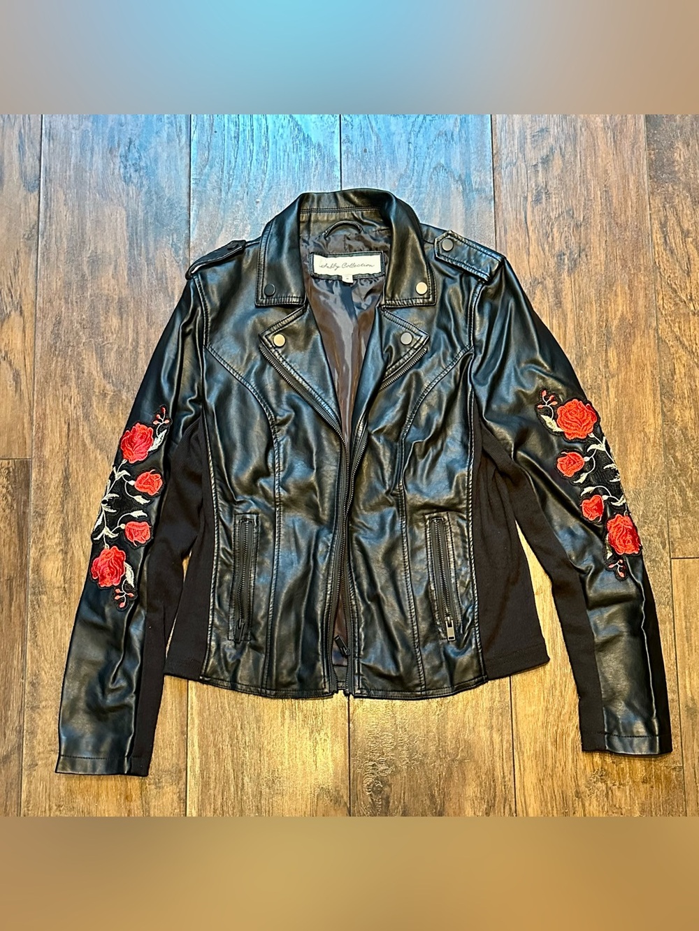 Sebby Collection Black Faux Leather Moto Jacket with Red Rose Embroidery Size M